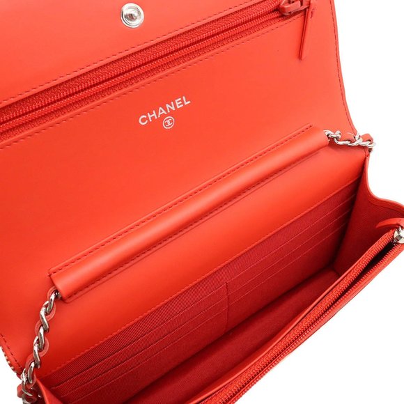 CHANEL Coco Mark Chain Wallet Shoulder Bag Border Patent Leather Orange Red I... - Picture 5 of 9